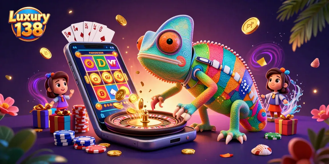 Experience thrilling wins at Luxury 138 while the chameleon owner captures coins and excitement.