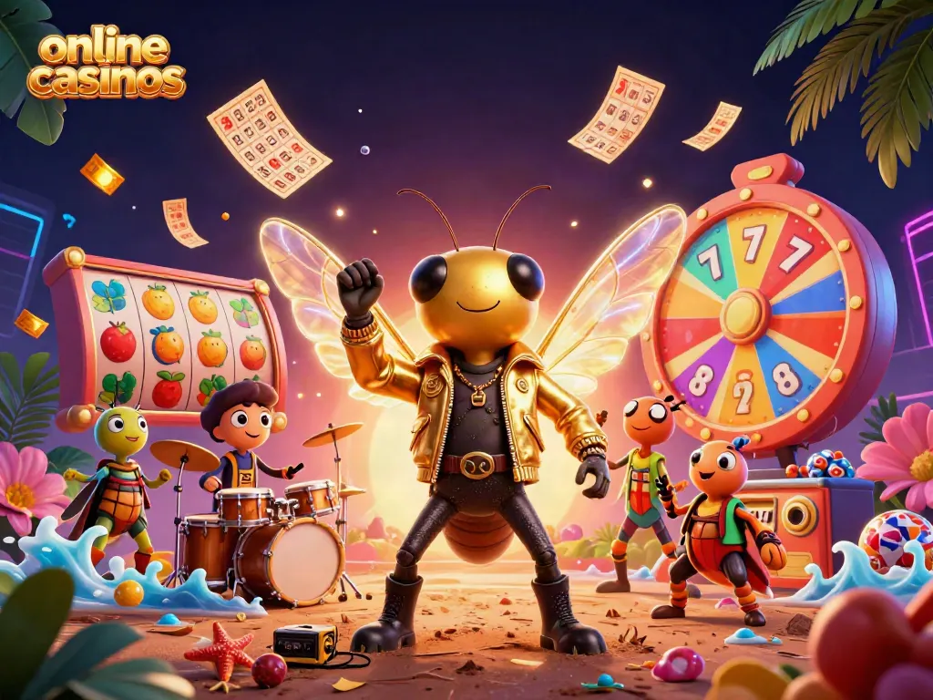 Engage with vibrant, animated online casinos featuring a cicada rock star and vibrant gaming elements.