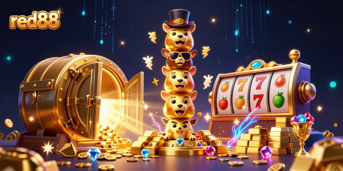 Win big at red88 with our dynamic casino illustration showcasing vibrant slot machines and treasures.
