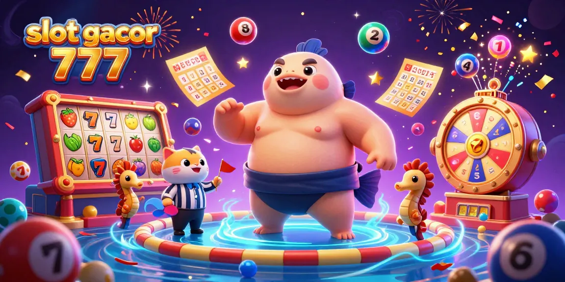 Engaging scene of slot gacor 777 featuring colorful slot reels, jackpot counter, and festive elements.