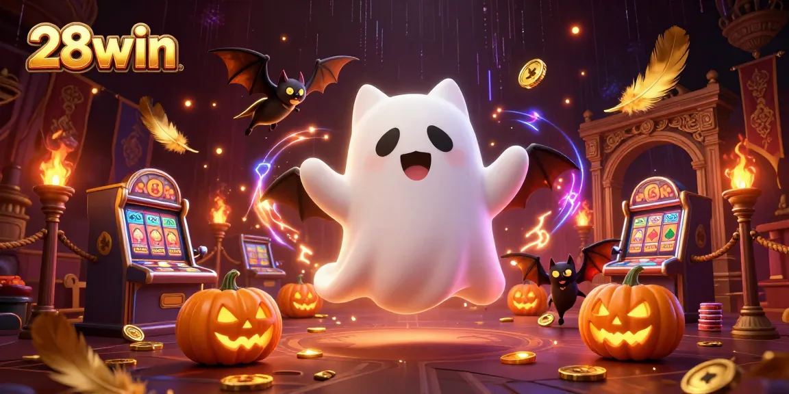 28win showcases a vibrant 3D scene of a friendly ghost cat gambling amidst jack-o-lanterns and a vampire bat.