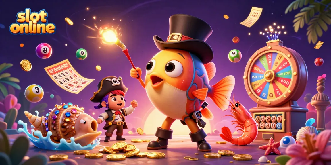 Menangkan slot online dengan ilustrasi kolaborasi ikan pemancing dalam topi, udang bajak laut, dan siput laut berisi harta.