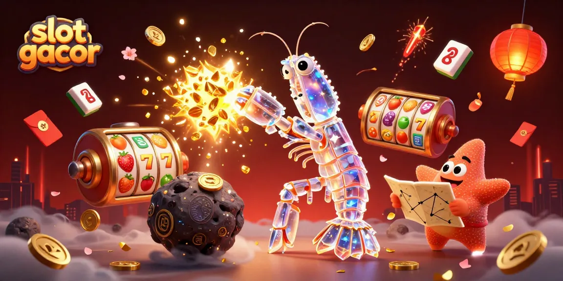 Slot gacor dengan samurai udang galaksi memecahkan asteroid, menampilkan keberuntungan kasino.