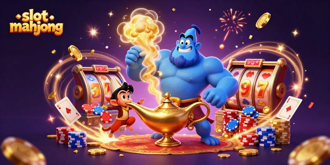Spin slots and win big with slot mahjong's animated genie and poker scene!