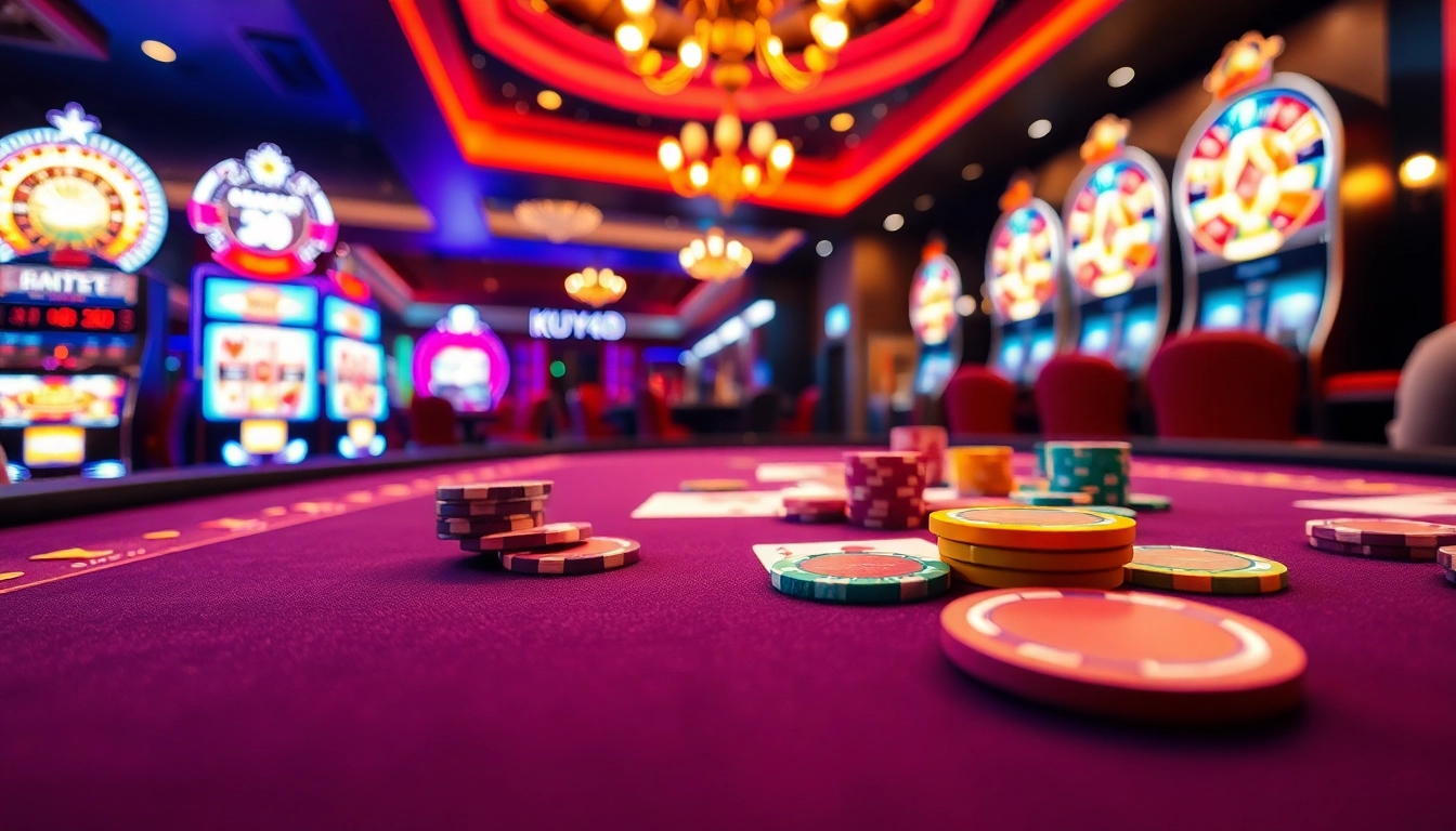 Aktivitas menarik di KUY4D dengan meja judi penuh chip dan kartu berwarna-warni.