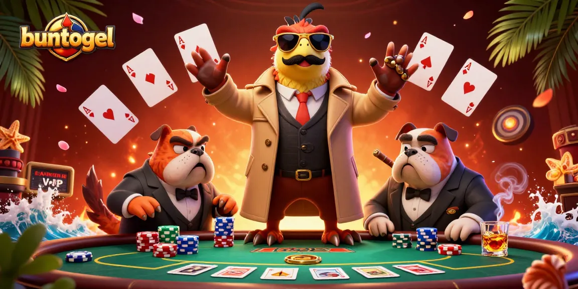 Buntogel highlights a humorous scene of raptors in a trench coat at a VIP casino entrance, showcasing a vibrant poker setting.