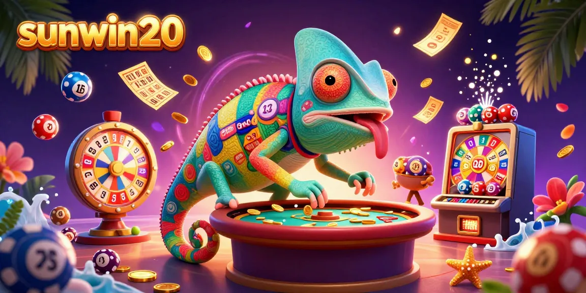 Engage in thrilling gameplay with sunwin20, featuring a colorful chameleon casino owner and vibrant game elements.