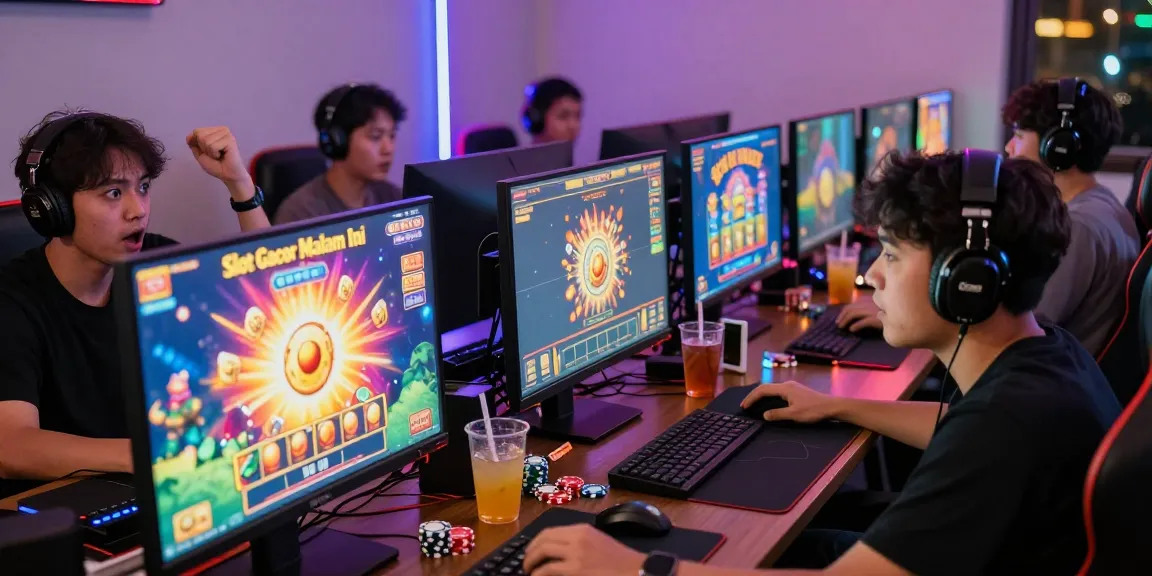 Excited players celebrating wins while engaging in Slot Gacor Malam Ini gaming session, showcasing vibrant screens and thrilling atmosphere.