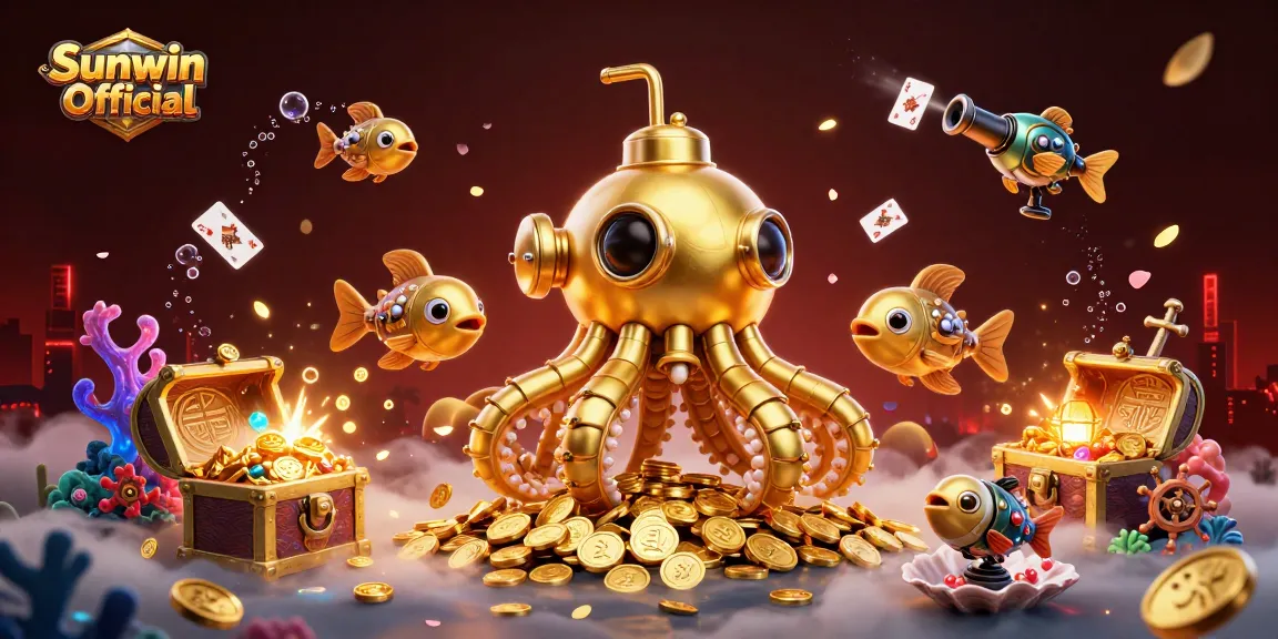 Engage with Sunwin Official in a vibrant 3D casino themed illustration featuring a golden kraken and treasure.