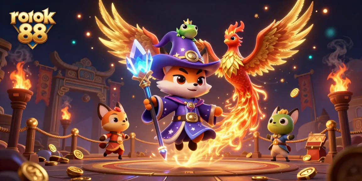 Engage with rokok 88 in this dynamic 3D illustration featuring mystical wizards and a flaming phoenix.