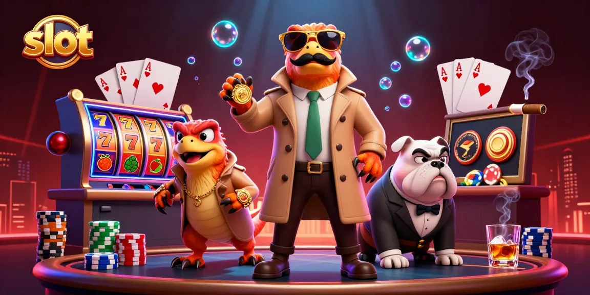 Putaran slot yang menampilkan karakter dinosaurus 3D lucu dengan simbol buah dan keberuntungan di sekelilingnya.