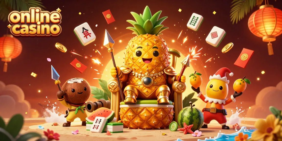 Experience the excitement of online casino games with our vibrant illustration showcasing a golden pineapple king on a beach casino.
