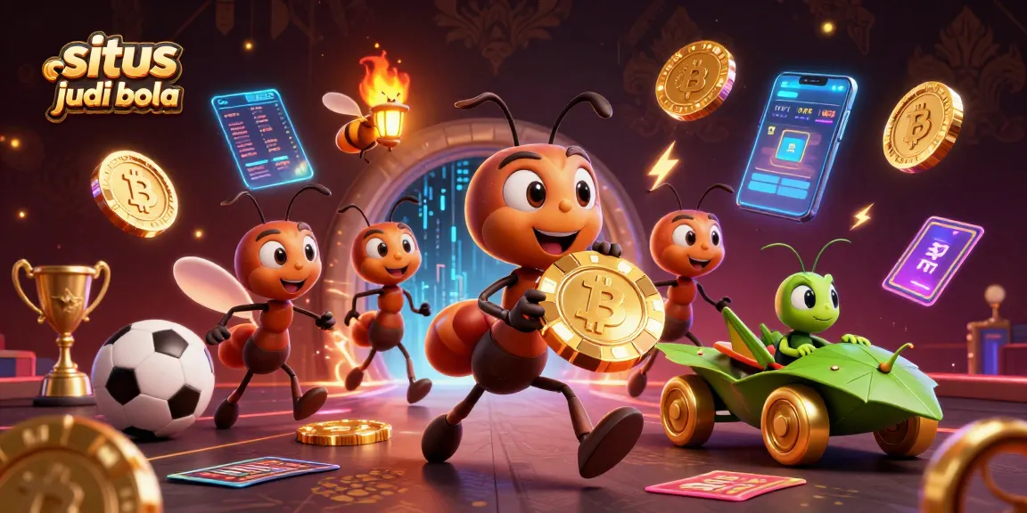 Situs judi bola action scene showcasing ants heisting a poker chip amid sports betting elements.