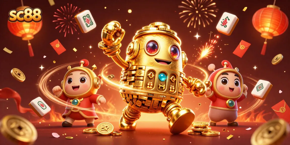 sc88 showcases a dynamic golden golem surrounded by festive casino elements for players.