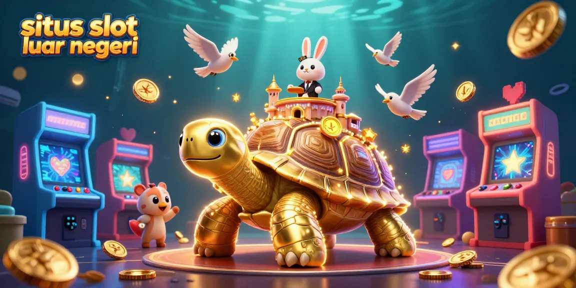 Engage with situs slot luar negeri through an exciting 3D cartoon scene of a casino on a golden tortoise.